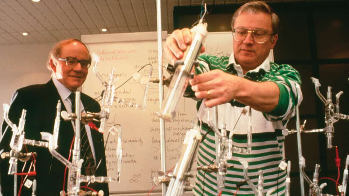 Professors Stanley Pons (right, b.1943) and Martin Fleischmann (b.1927), Photographed at IMRA (Minoru Institute of Advanced Research) in southern France in 1993.