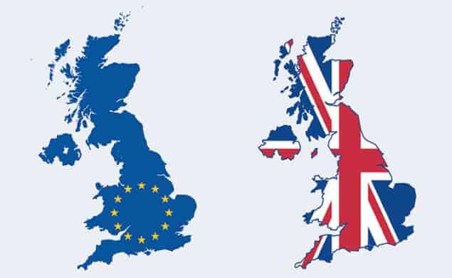 Maps of the UK with the British and European Union flags