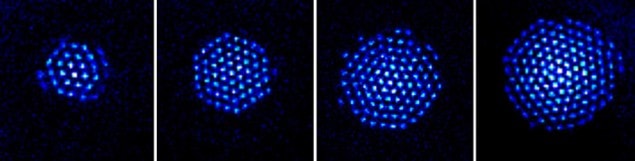 Microscope images of several trapped ensembles of beryllium-9 ions