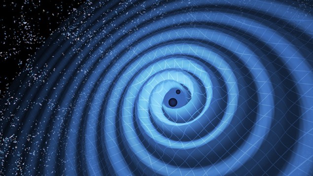 Illustration showing the merger of two black holes and gravitational waves rippling outward