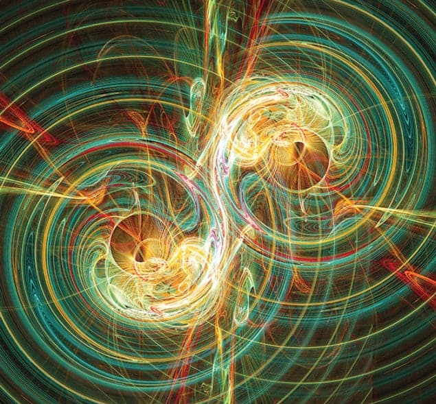 Artistic impression of two colliding black holes radiating colourful waves of energy as the shape of nearby space is distorted by their gravitational fields Artistic impression of two colliding black holes radiating colourful waves of energy as the shape of nearby space is distorted by their gravitational fields