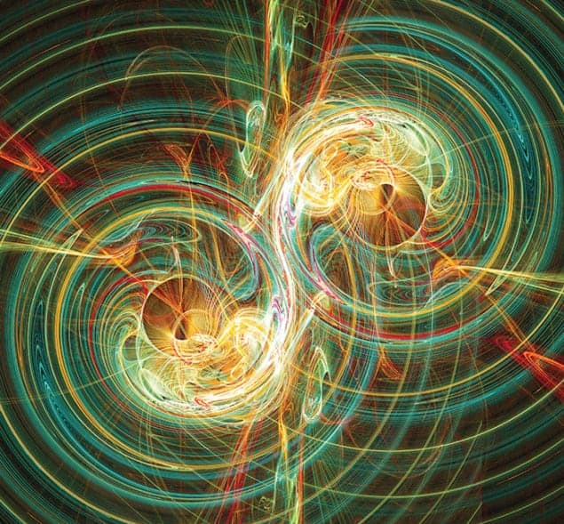 Artistic impression of two colliding black holes radiating colourful waves of energy as the shape of nearby space is distorted by their gravitational fields