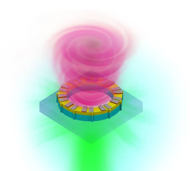 Artist's impression of the microring laser showing the semiconductor ring with a clockface-like pattern on its surface