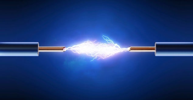 Two wires with a spark jumping across the gap