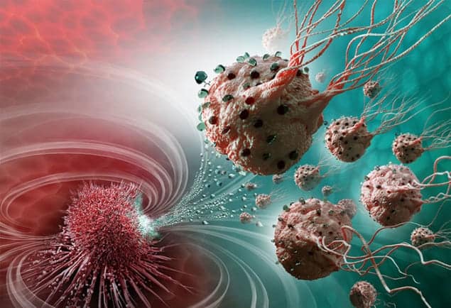 Artist's impression of MC-1 bacteria carrying cancer drugs to a tumour