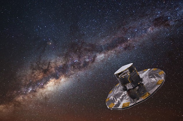 Photo of the Gaia spacecraft, which consists of a large circular plate with a cylinder in the middle, superimposed on an image of the Milky Way galaxy