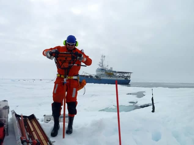 Photograph of Aleksey Shestov studying ice ridges in the Arctic Ocean