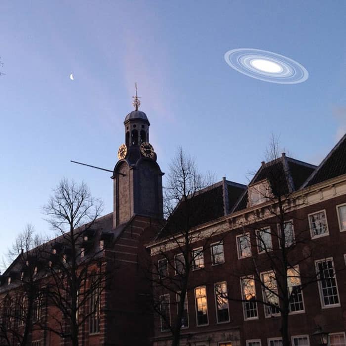 Artist's impression of how J1407b would appear in the sky above Leiden if it occupied Saturn's orbit