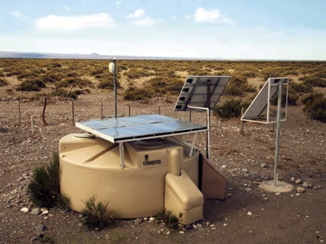 Photograph of a Cherenkov detector that is part of the Pierre Auger Observatory