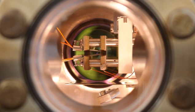 An image of the ion trap inside the vacuum chamber