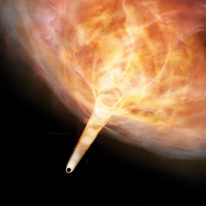 An artist's impression of a stray black hole bursting out of a supernova remnant gas cloud