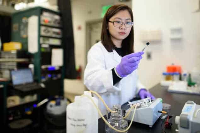 Photograph of team member Chong Liu examining a carbon-polymer electrode in the lab