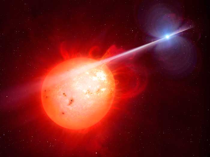 Artist impression of the AR Scorpii binary system, containing a white dwarf pulsar and red dwarf