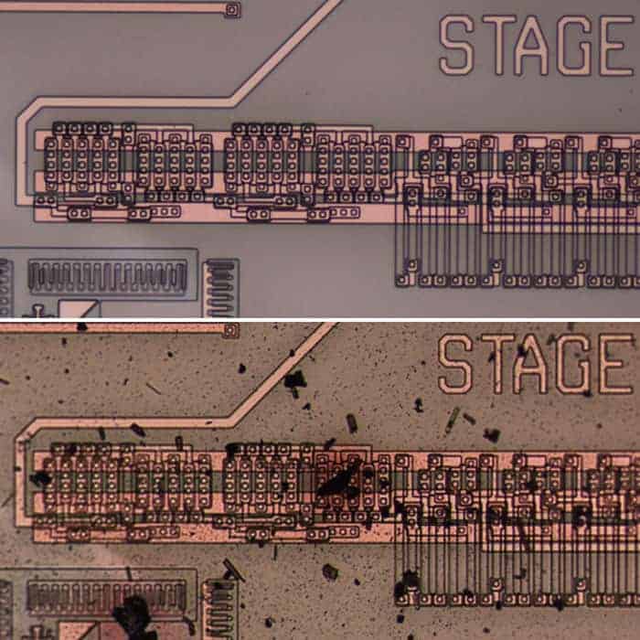 Photographs of an integrated circuit before and after testing