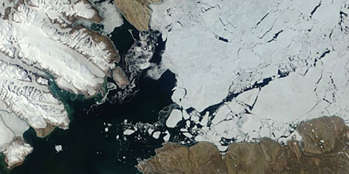 Satellite image of ice flowing in an Arctic strait
