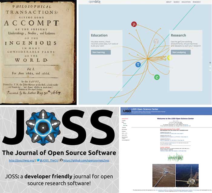 Collage showing the cover page for the first volume of Philosophical Transactions in 1665, and screen captures of the webpages for the Journal of Open Source Software, and online portals from CERN and LIGO