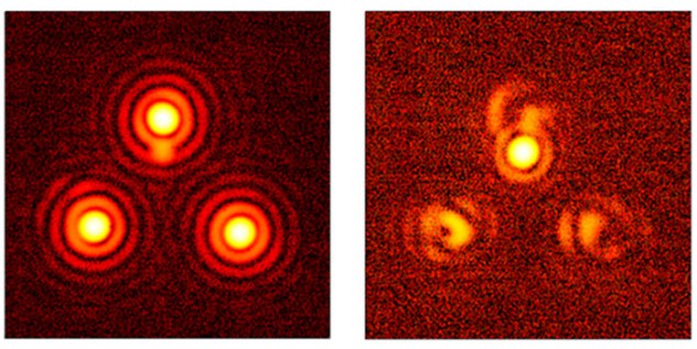 Images of light from three simulated stars before and after vortex coronagraphy