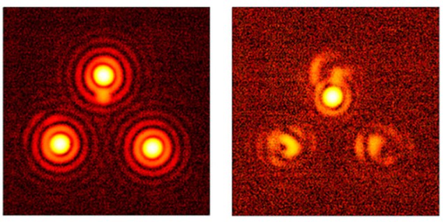 Images of light from three simulated stars before and after vortex coronagraphy Images of light from three simulated stars before and after vortex coronagraphy