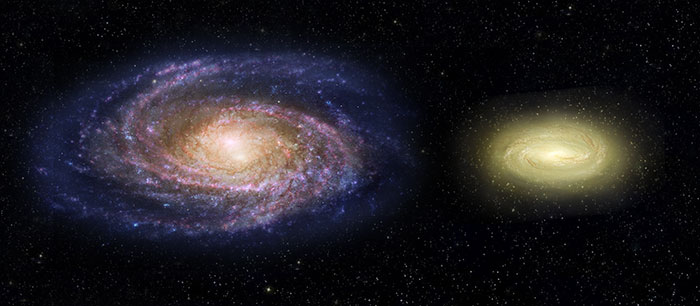 Artist's impression comparing the Milky Way (left) and MACS 2129-1 (right)