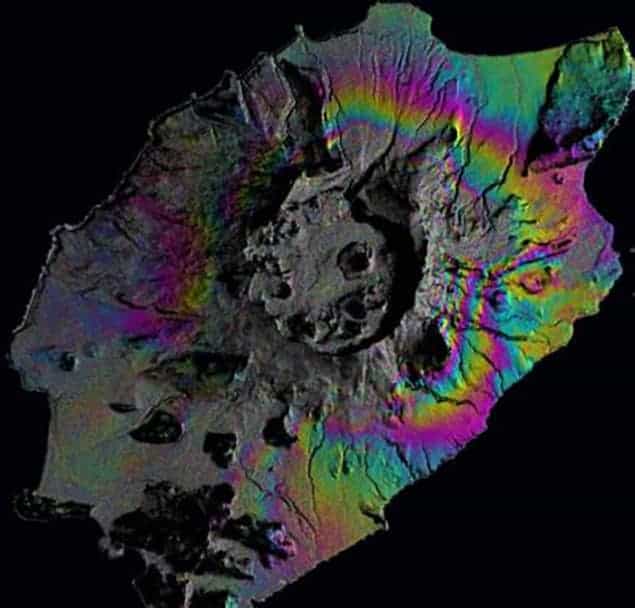 Satellite image of the Okmok volcano in Alaska showing ground movement