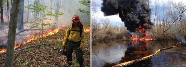 Photograph of physicist Robert Kremens (left) setting up a controlled burn (right)
