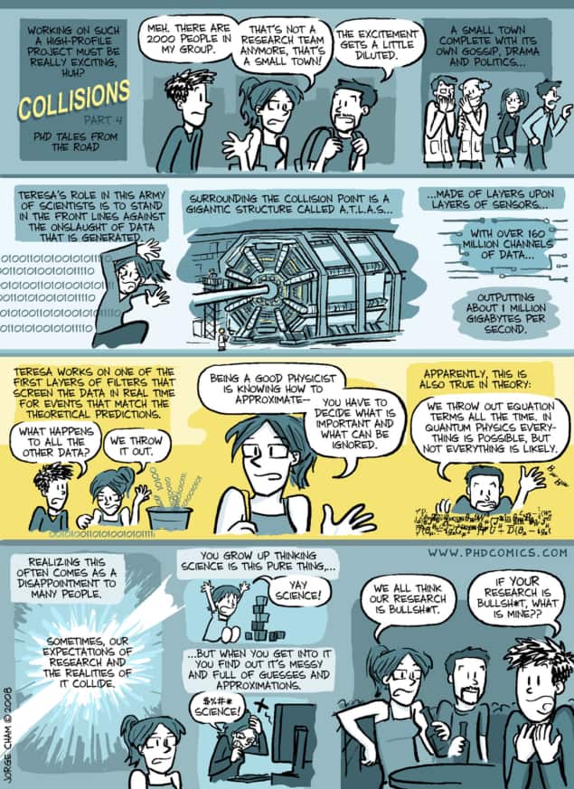 Comic strip entitled "Collisions Part 4 - PhD tales from the road", in which comic artist Jorge Cham speaks to two particle physicists and finds out about their research