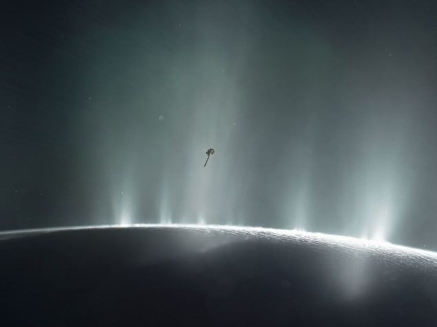 Geysers of water vapour and ice grains erupting from the south polar region of Enceladus