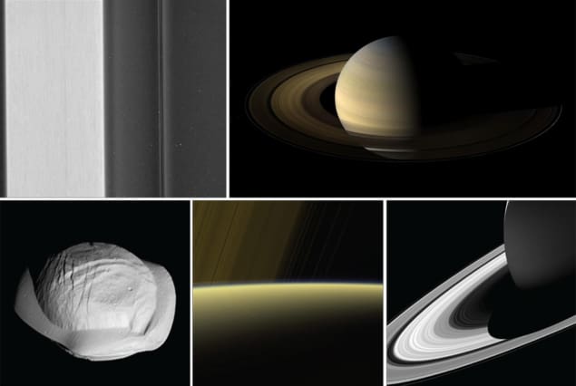 (clockwise from top left): close-up of Saturn’s C ring – in the darker region, tiny waves can be seen, some of which are caused by interactions with Saturn’s interior; mosaic of Saturn’s spring equinox; projection of Saturn’s shadow on the rings at its shortest, in May; Saturn’s horizon visible as a thin, detached haze; the tiny moon Pan, which orbits within the A ring, has a complicated shape sculpted by accretion of ring material along its equator