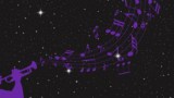 Purple silhouette of a person playing a trumpet and musical notes emerging from it, superimposed on a background of a starry sky