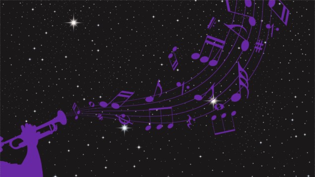 Purple silhouette of a person playing a trumpet and musical notes emerging from it, superimposed on a background of a starry sky