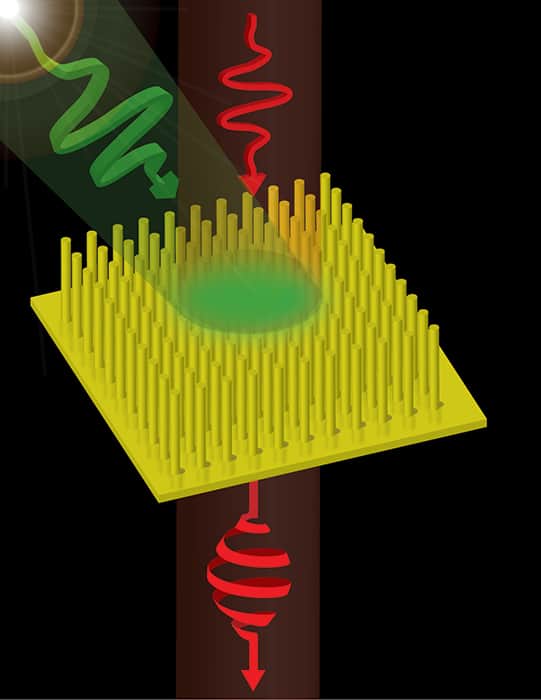 Illustration of how an array of gold nanorods can shift the polarization of a light pulse Illustration of how an array of gold nanorods can shift the polarization of a light pulse