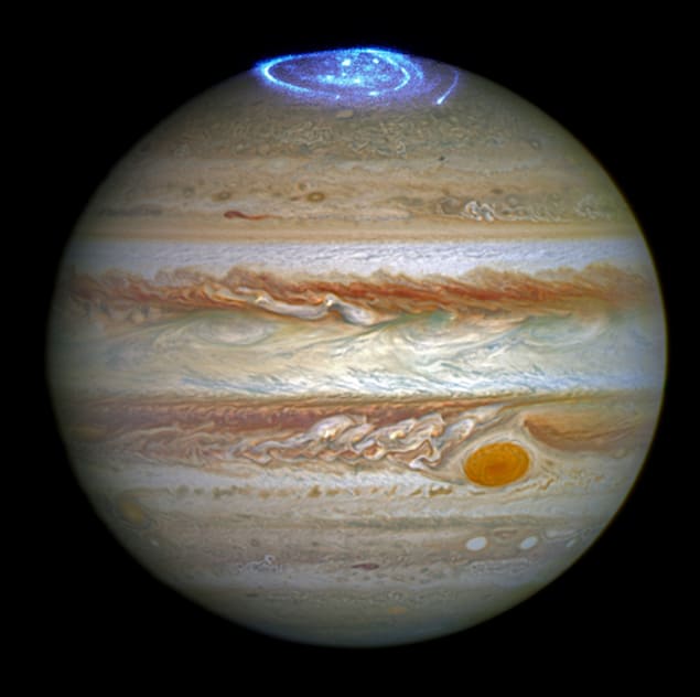 Photograph captured by the Hubble Space Telescope of an aurora in Jupiter's atmosphere