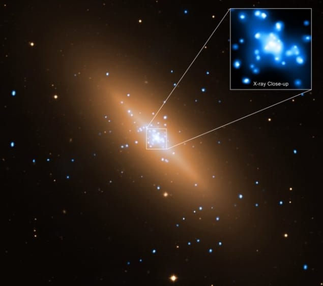 An X-ray/visible light composite image of galaxy NGC 3115 (the Spindle Galaxy) produced by NASA's Chandra X-ray Observatory and the European Southern Observatory's Very Large Telescope (VLT). An X-ray/visible light composite image of galaxy NGC 3115 (the Spindle Galaxy) produced by NASA's Chandra X-ray Observatory and the European Southern Observatory's Very Large Telescope (VLT).