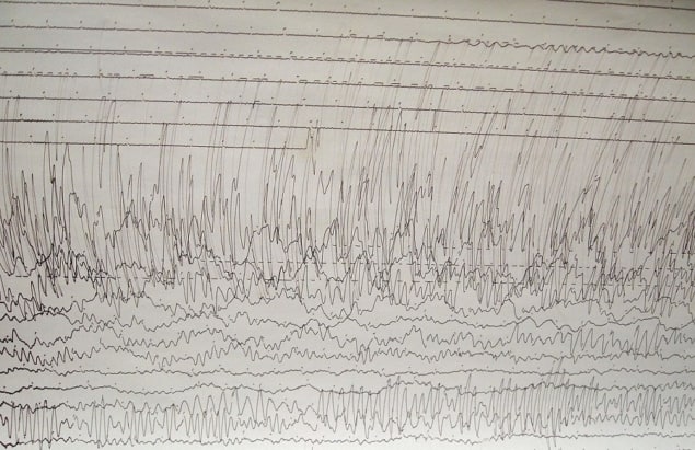 A photograph of seismic traces recorded at Weston Observatory in Massachusetts, US, showing ground motion caused by the 2011 Tohoku earthquake.