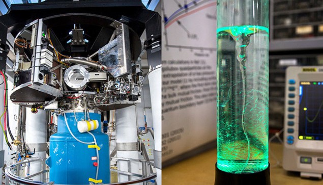 Photographs of the cryogenic experiment and a vortex in a classical fluid