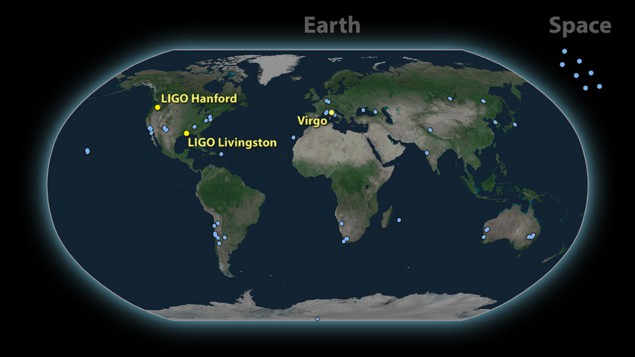 A map of the approximately 70 light-based observatories that detected the gravitational-wave event called GW170817