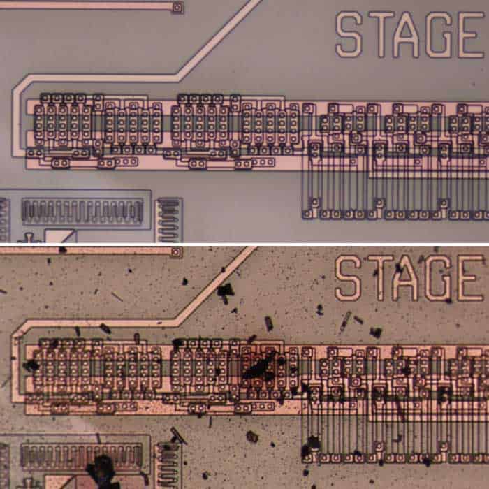 Two photos of the same silicon circuit before and after use in a test chamber. The after photo shows some wear and tear