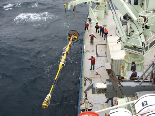 Photograph of the big yellow buoy being lowered into the ocean from the ship