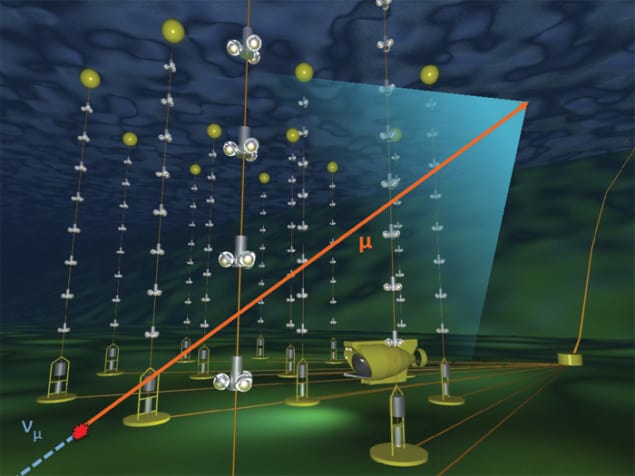 Schematic of ANTARES and a muon producing Cherenkov light