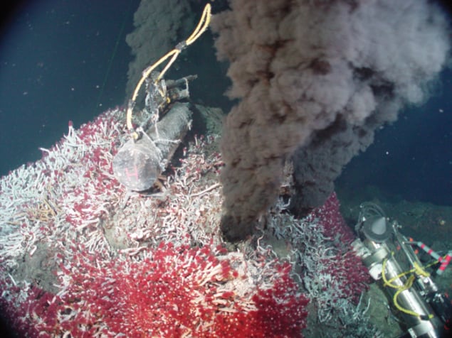 Underwater photograph of a black smoker covered with tube worms