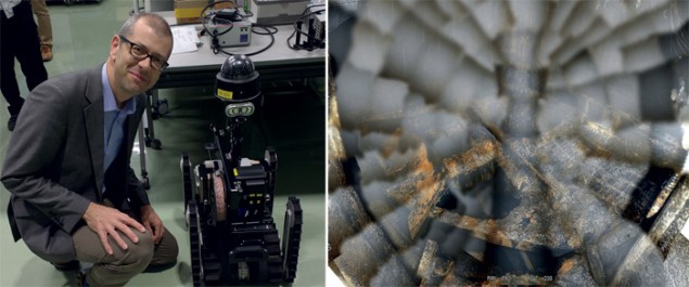(left) Photograph of Bruce Drinkwater water with an experimental robot. (right) Photograph taken by a robot of potential fuel deposits beneath unit 2’s reactor pressure vessel