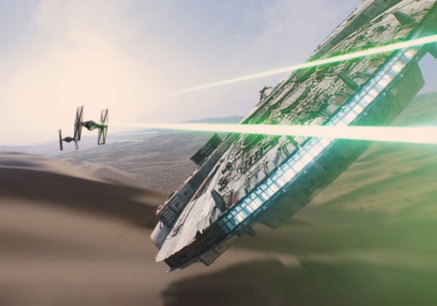 Still image of the Millennium Falcon spaceship from Star Wars