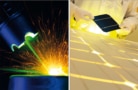 Photographs of laser cutting and solar-cell manufacturing