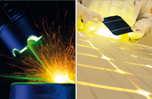 Photographs of laser cutting and solar-cell manufacturing