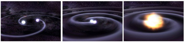 Illustration of two black holes spiralling into each other, ultimately merging to form a single back hole. Illustration of two black holes spiralling into each other, ultimately merging to form a single back hole.