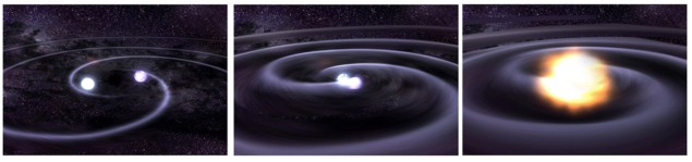 Illustration of two black holes spiralling into each other, ultimately merging to form a single back hole.