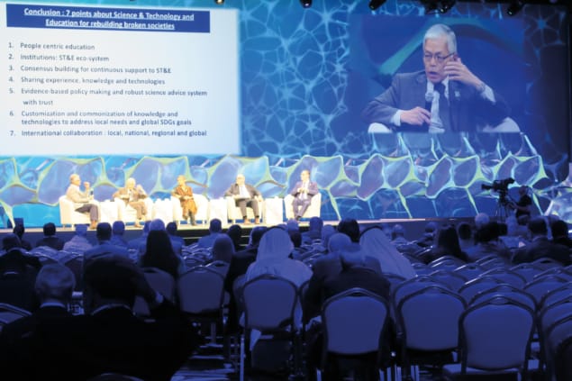 Photo of Tateo Arimoto speaking at the World Science Forum in Jordan in November 2017