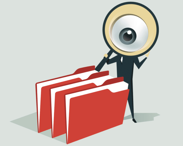 Cartoon man with magnifying glass looking through folders