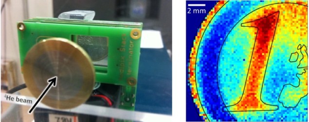 Helium-beam radiography of a Euro coin