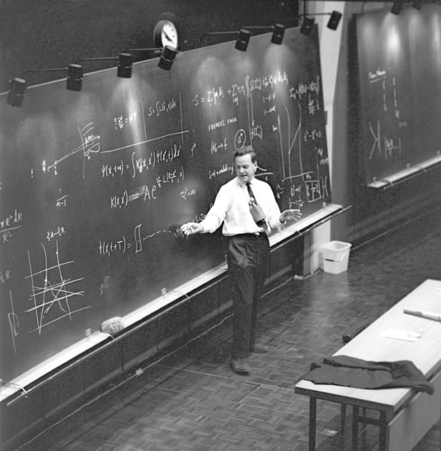 Photo of Richard Feynman speaking at CERN in 1965 after winning the Nobel Prize for Physics